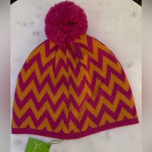 Women's VERA BRADLEY Lightweight Pink Orange Chevron Hat Beanie Pom Pom NEW